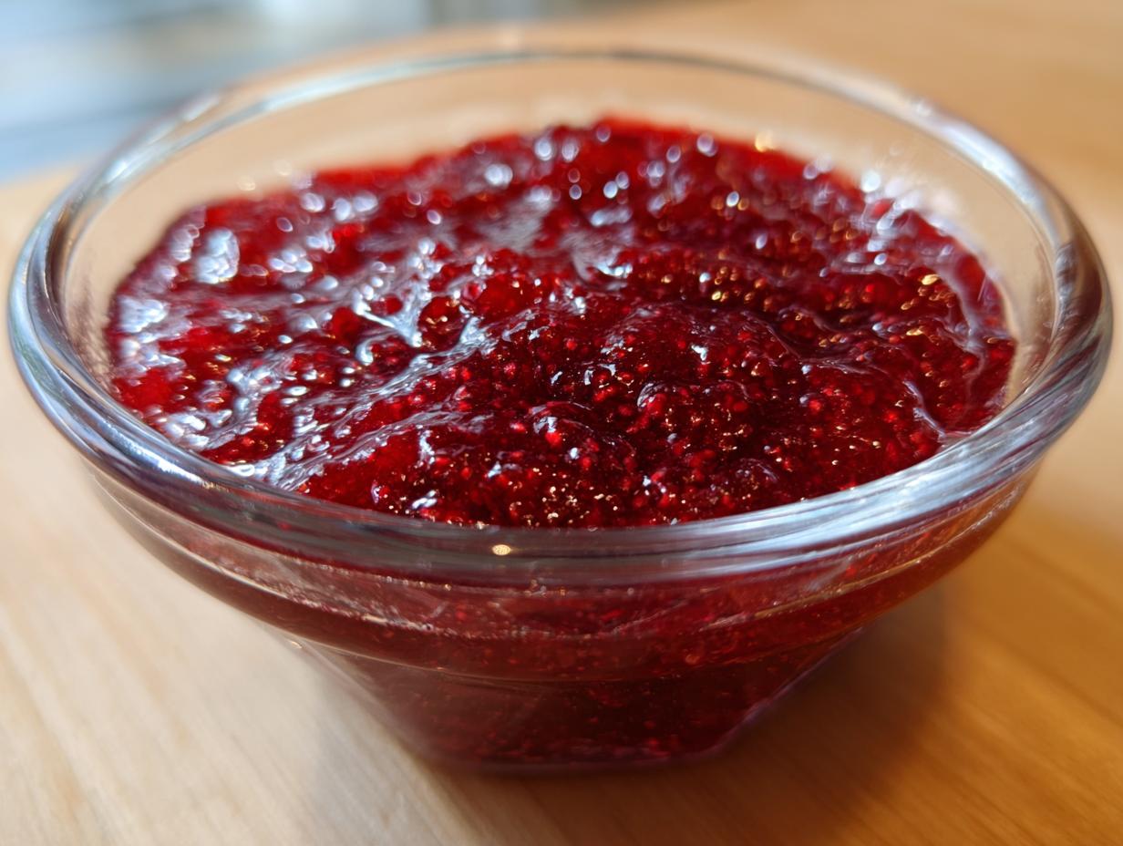 Close-up shot of thick, vibrant red raspberry jam with visible seeds in a small clear glass bowl.