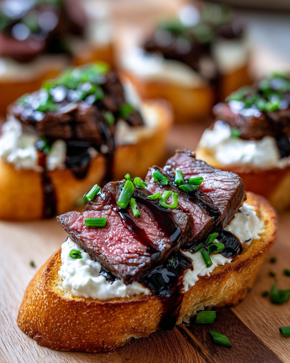 Close-up of a perfectly cooked steak crostini topped with creamy cheese, medium-rare steak slices, and a dark balsamic drizzle.