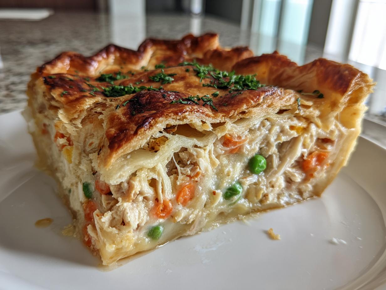 Close-up of a thick slice of turkey pot pie recipe showing creamy filling, shredded turkey, peas, and carrots under a golden, flaky crust.