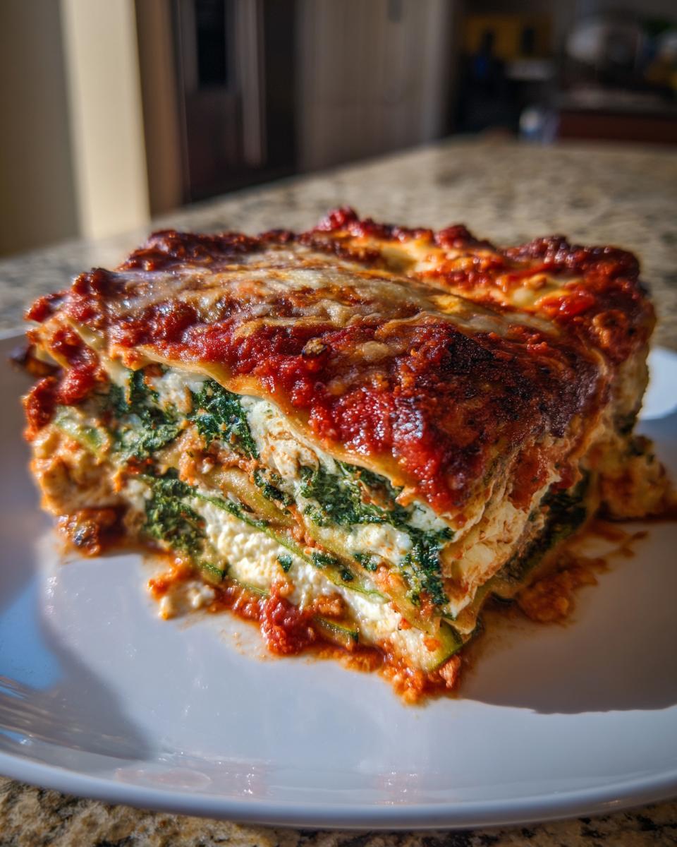A thick, layered slice of zucchini lasagna featuring ricotta, spinach, and a rich tomato sauce topping.