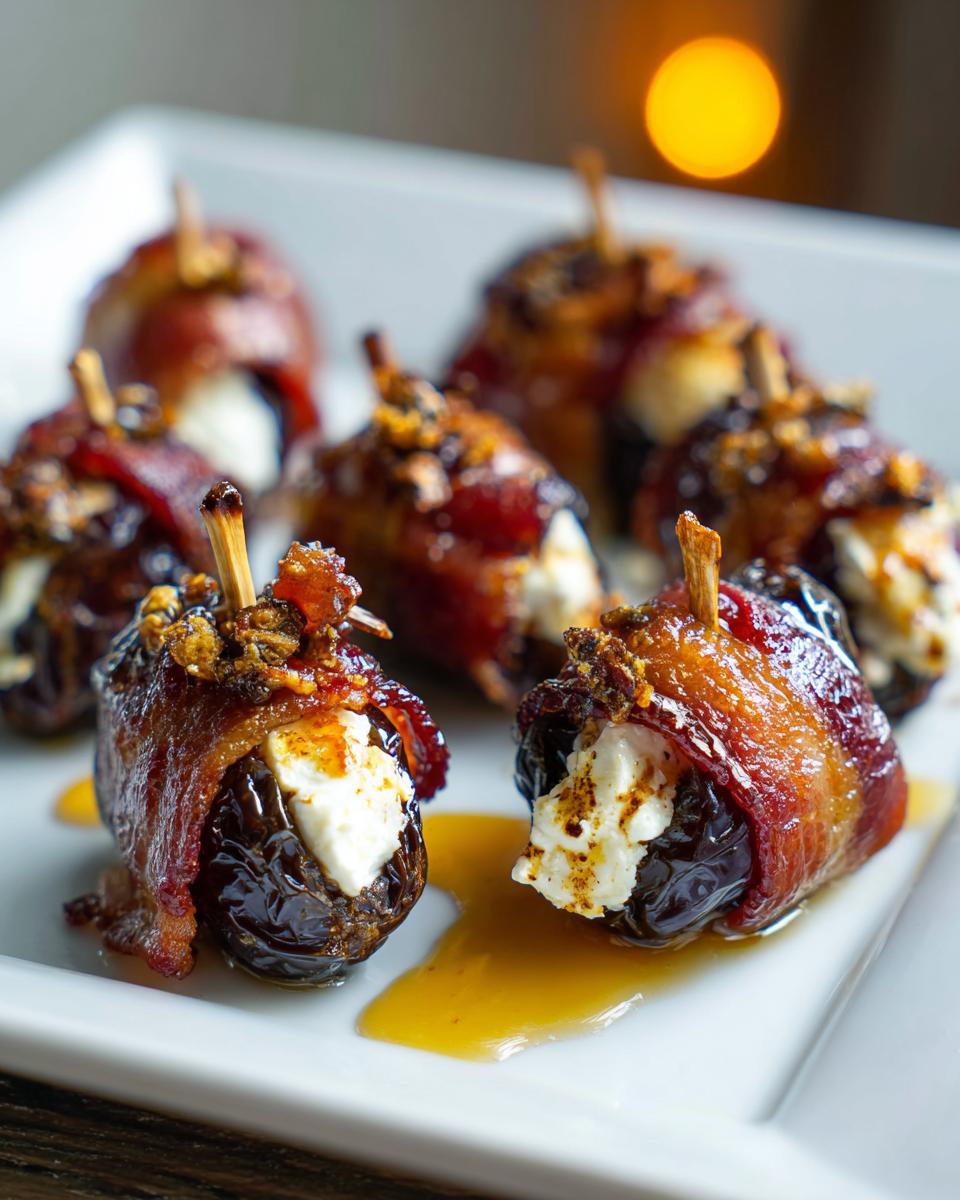 Close-up of bacon wrapped stuffed dates filled with cheese, drizzled with glaze, served on a white plate.