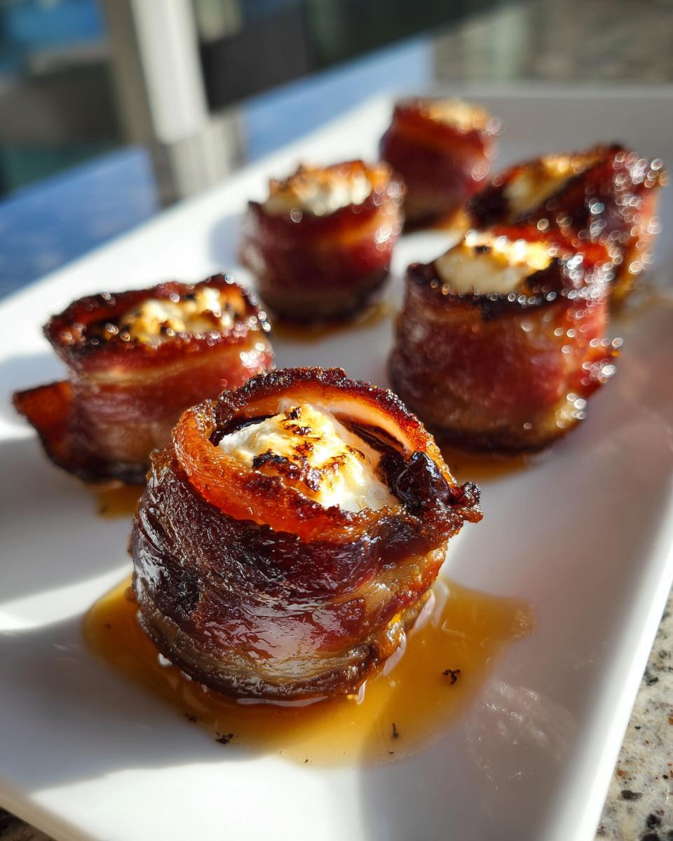 Close-up of several bacon wrapped stuffed dates, glistening with glaze, served on a white platter.