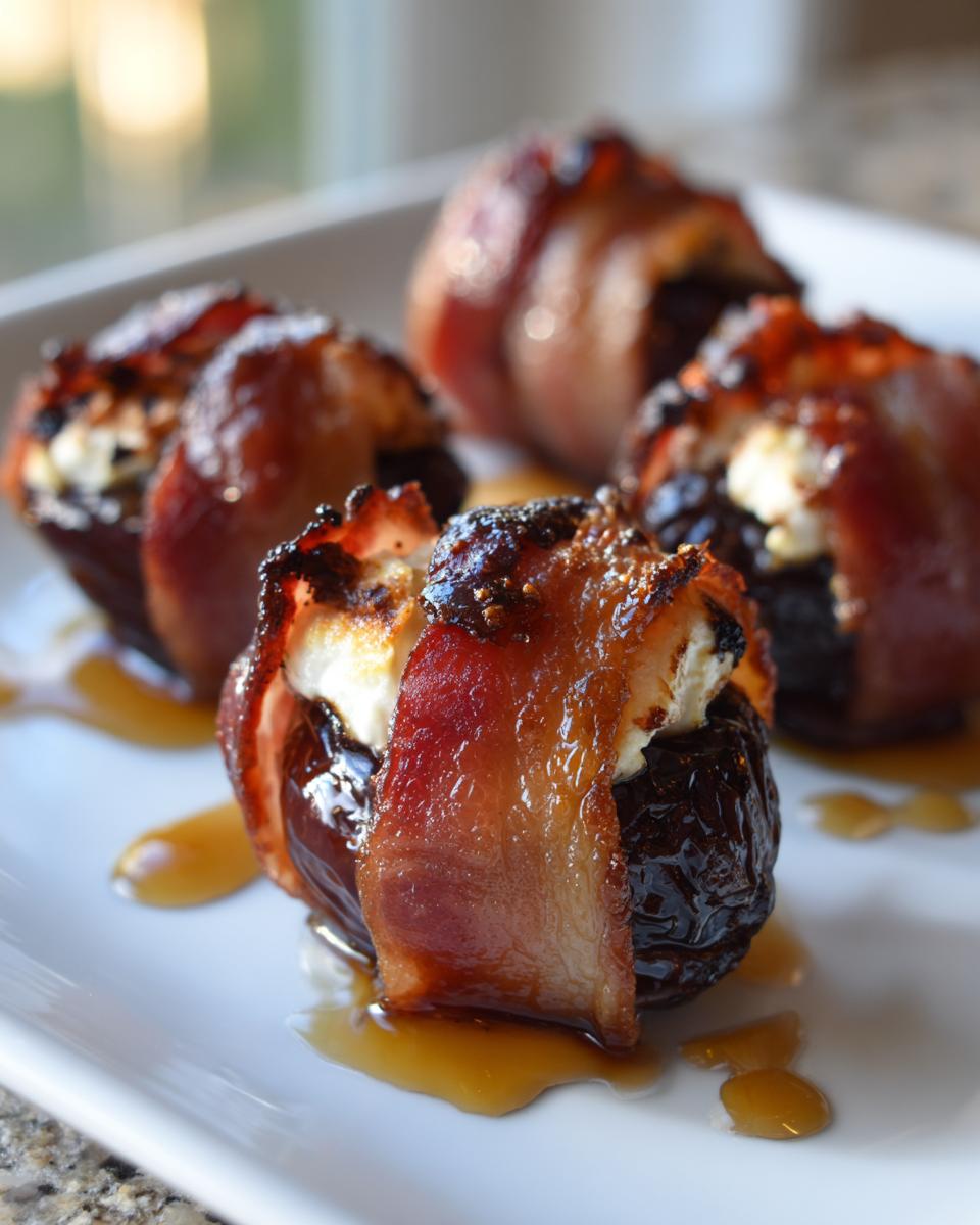 Four bacon wrapped stuffed dates filled with creamy cheese, drizzled with glaze on a white plate.