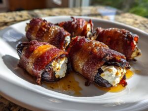 Four perfectly cooked bacon wrapped stuffed dates filled with creamy cheese, glistening on a white plate.