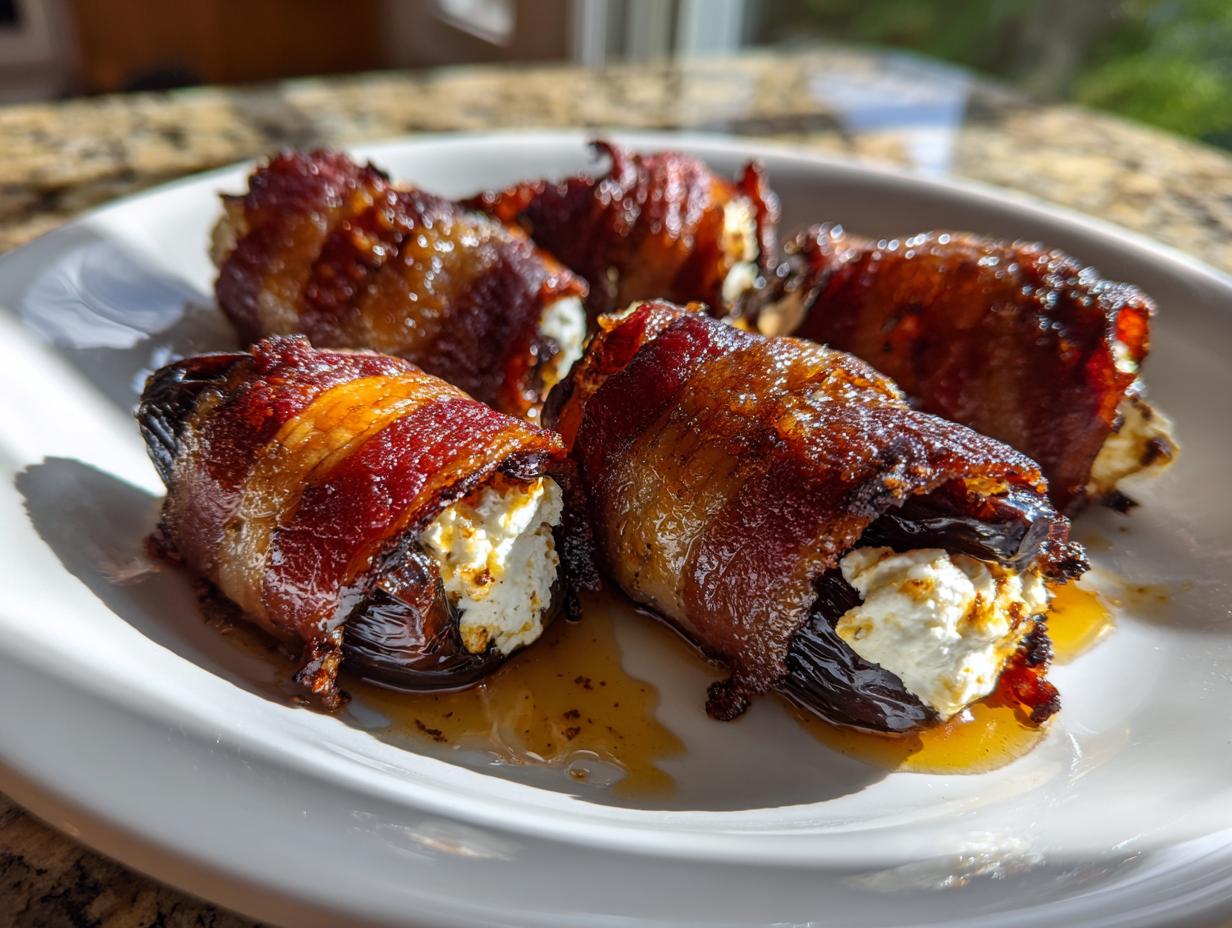 Four perfectly cooked bacon wrapped stuffed dates filled with creamy cheese, glistening on a white plate.