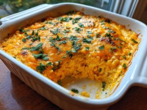 A close-up of a baked street corn dip, featuring melted orange cheese and fresh cilantro in a white baking dish.