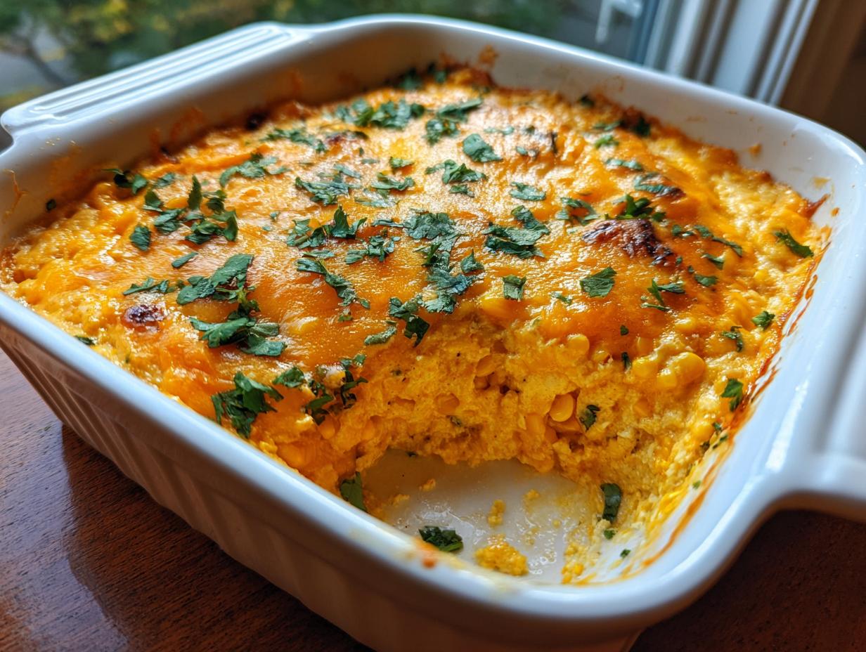 A close-up of a baked street corn dip, featuring melted orange cheese and fresh cilantro in a white baking dish.