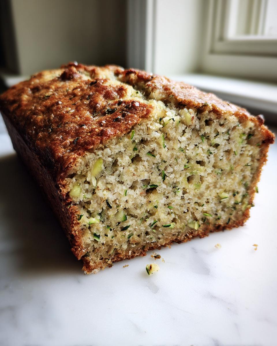 A close-up view of a moist loaf of banana zucchini bread, showing visible shreds of green zucchini throughout the crumb.