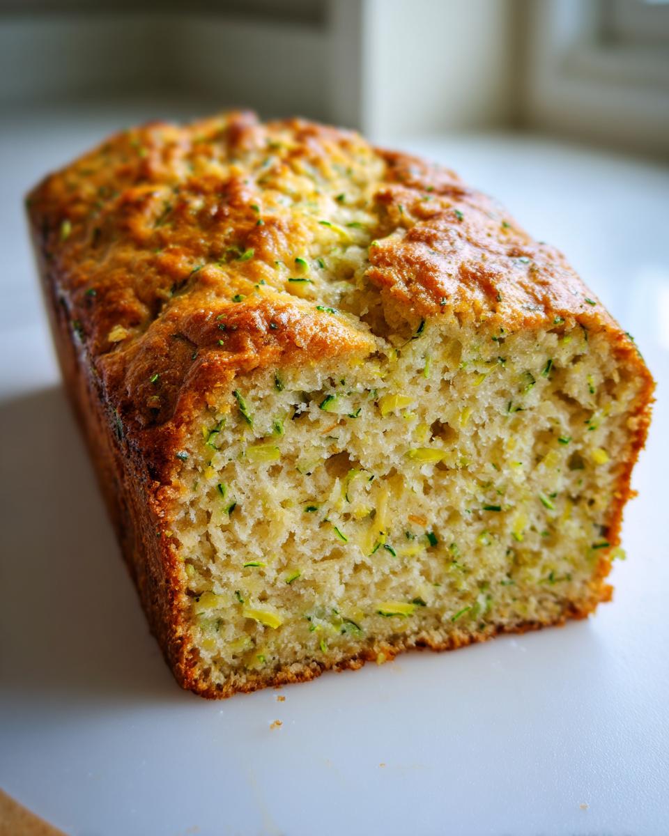 A golden-brown loaf of moist banana zucchini bread, showing the texture and flecks of green zucchini inside.