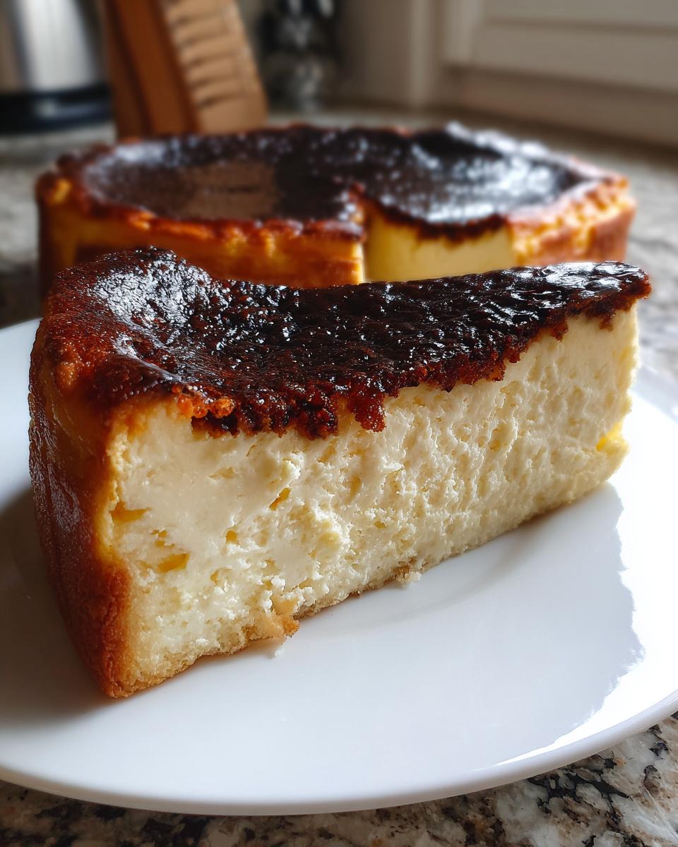 A thick slice of creamy Basque cheesecake with a signature dark, caramelized top, served on a white plate.