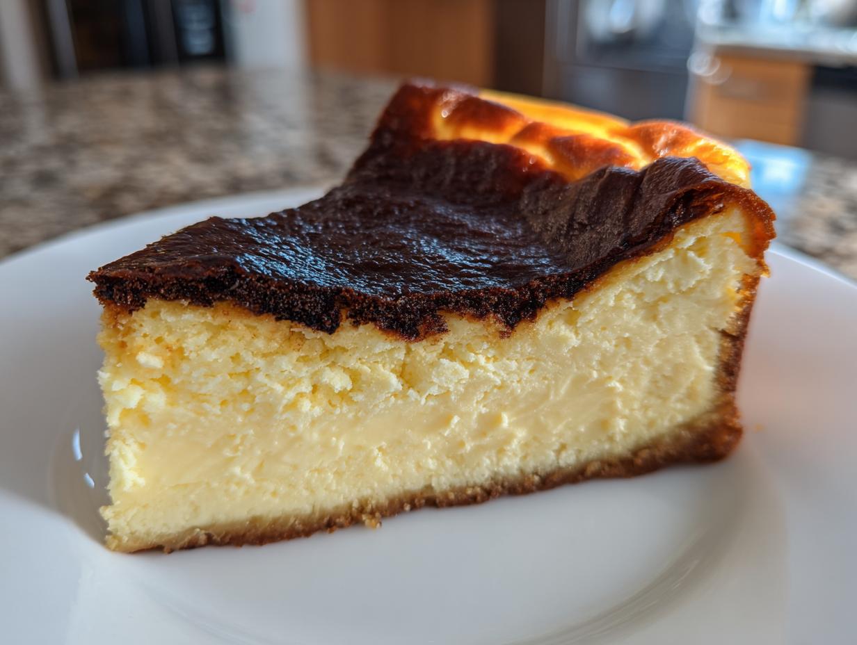 A close-up slice of creamy Basque cheesecake showing its signature dark, caramelized top and soft interior.