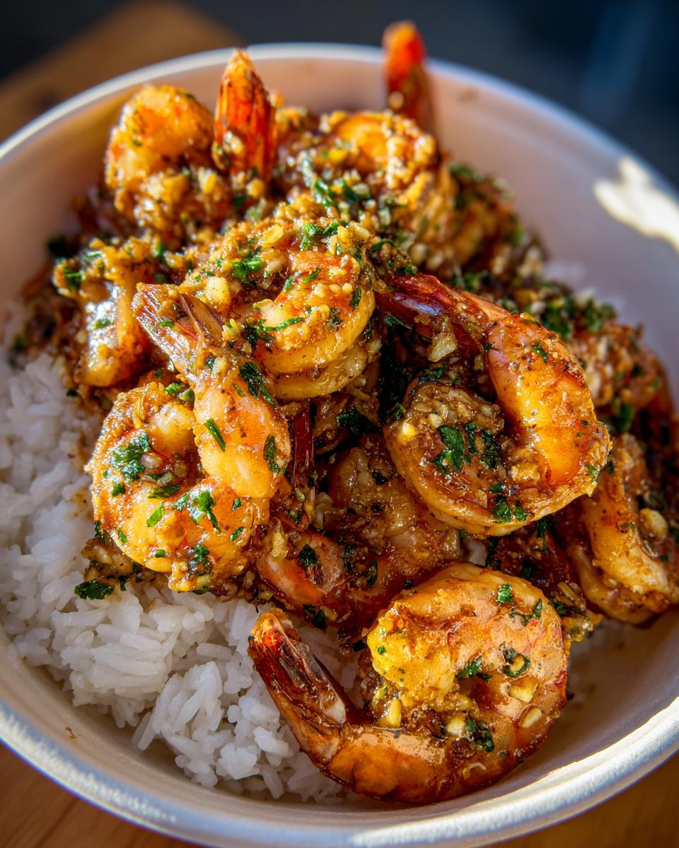 Close-up of bold hawaiian garlic shrimp coated in garlic butter and parsley, served over white rice in a bowl.
