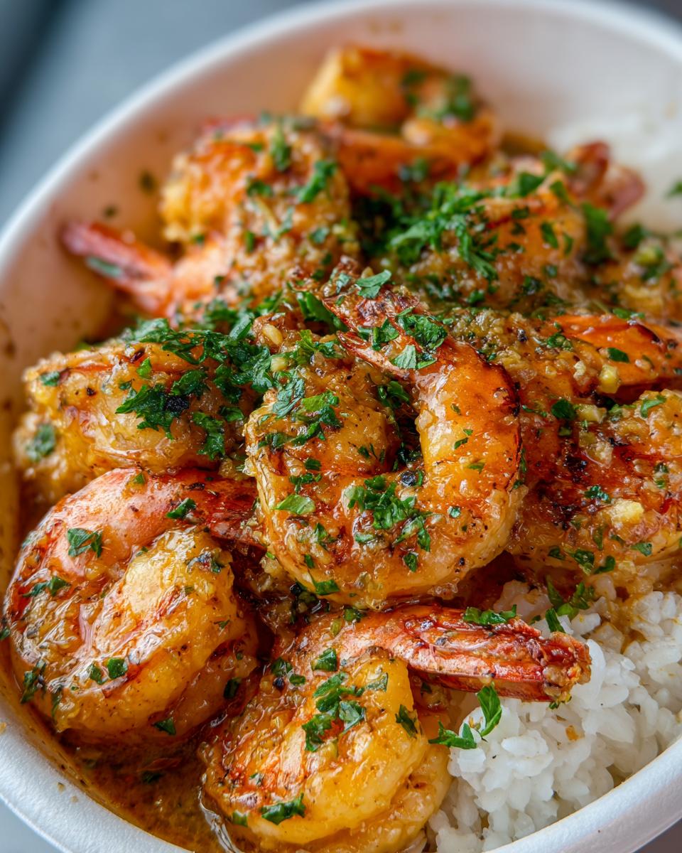 Close-up of juicy, saucy Hawaiian garlic shrimp piled high over white rice, garnished with fresh parsley.