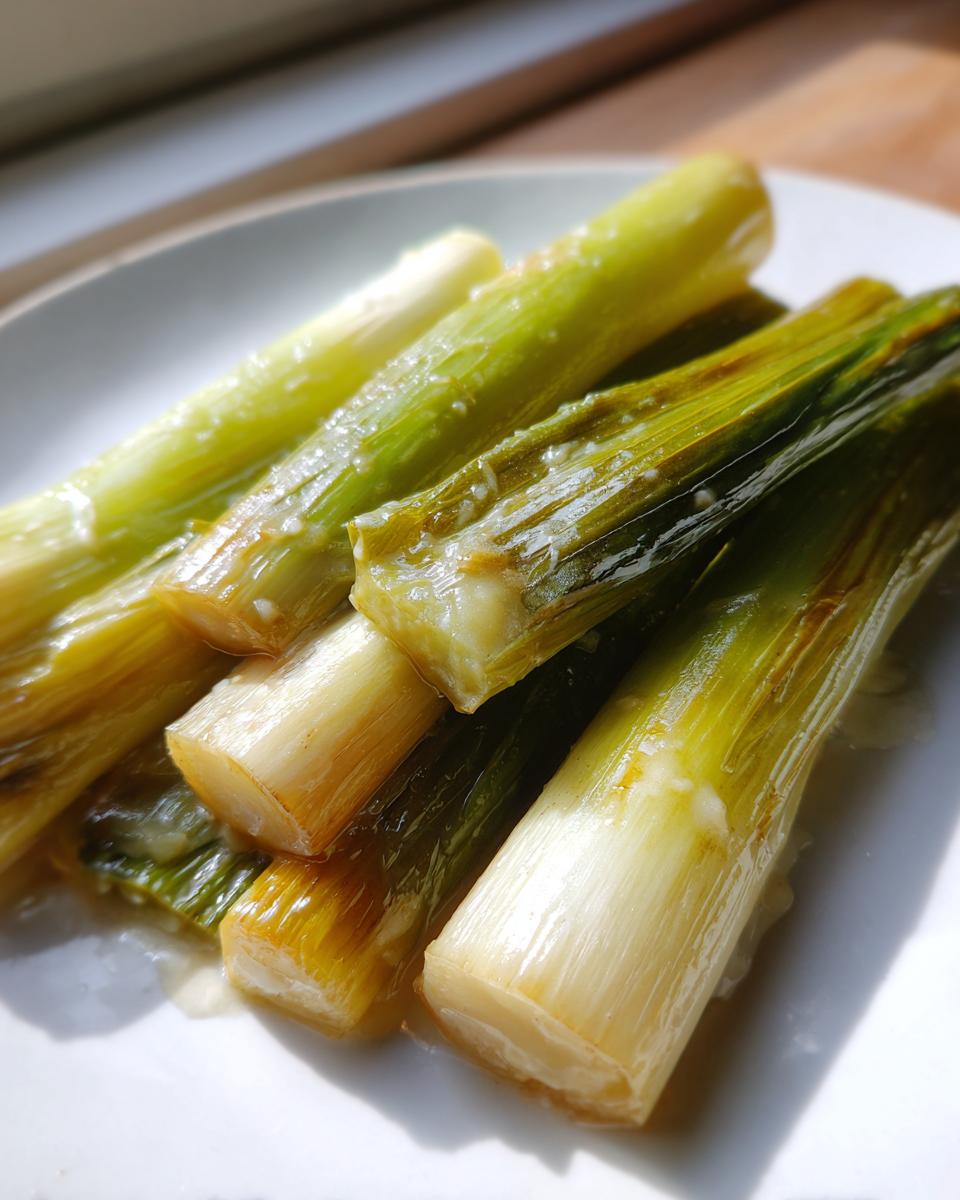 Close-up shot of several tender, glossy braised leeks resting on a white plate, showing their green and white sections.