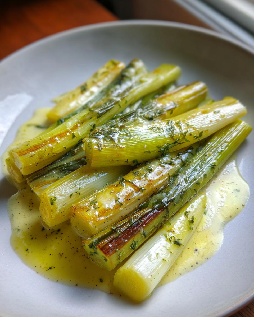 Close-up of tender braised leeks served in a light yellow sauce, drizzled with herbs.