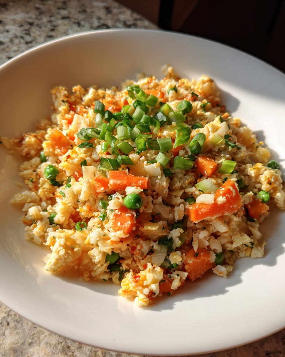A close-up of vibrant cauliflower rice mixed with carrots, peas, and topped with fresh green onions.