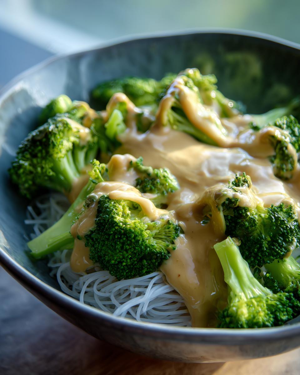 Close-up of vibrant green broccoli florets served over white rice noodles, generously covered in creamy peanut sauce.
