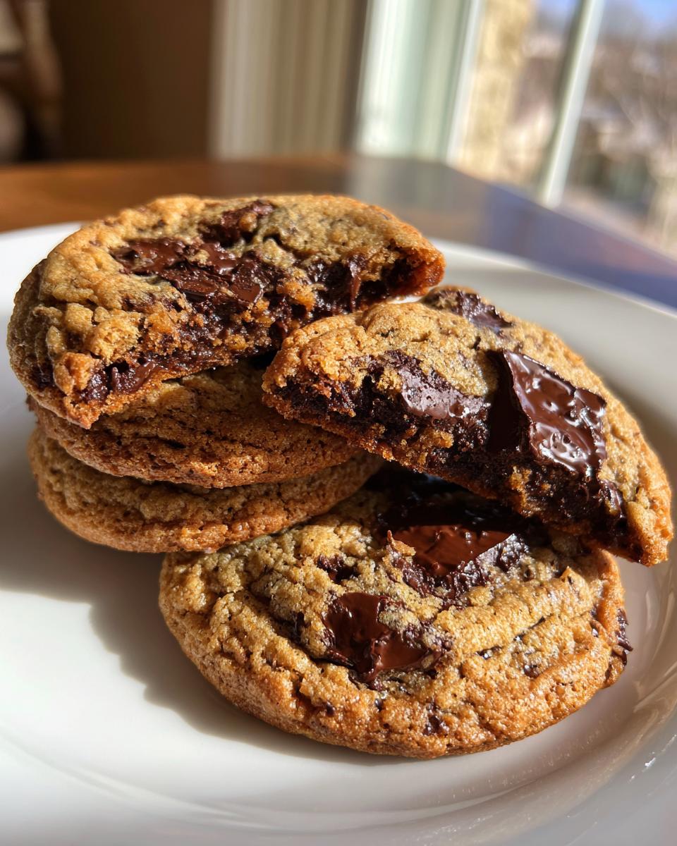 A stack of gooey brown butter chocolate chip cookies, one broken open to show melted chocolate chips.