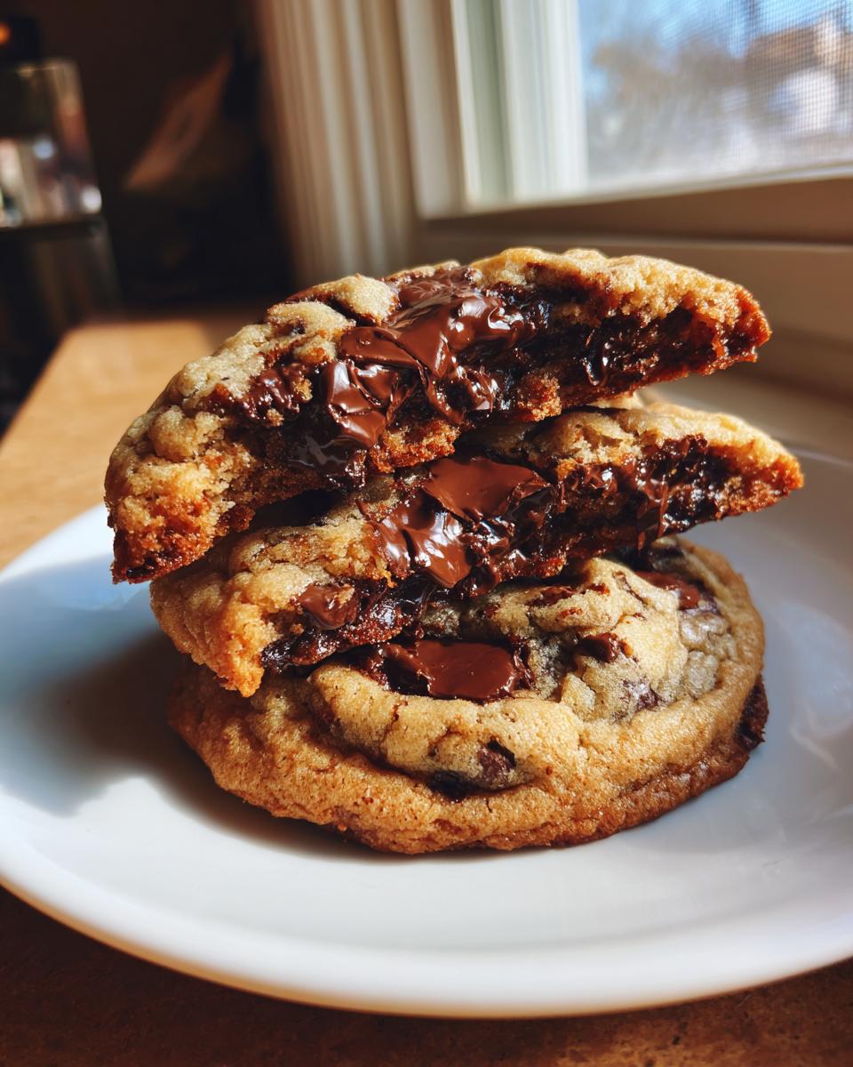 Stack of three brown butter chocolate chip cookies, with the top one broken open revealing gooey, melted chocolate centers.