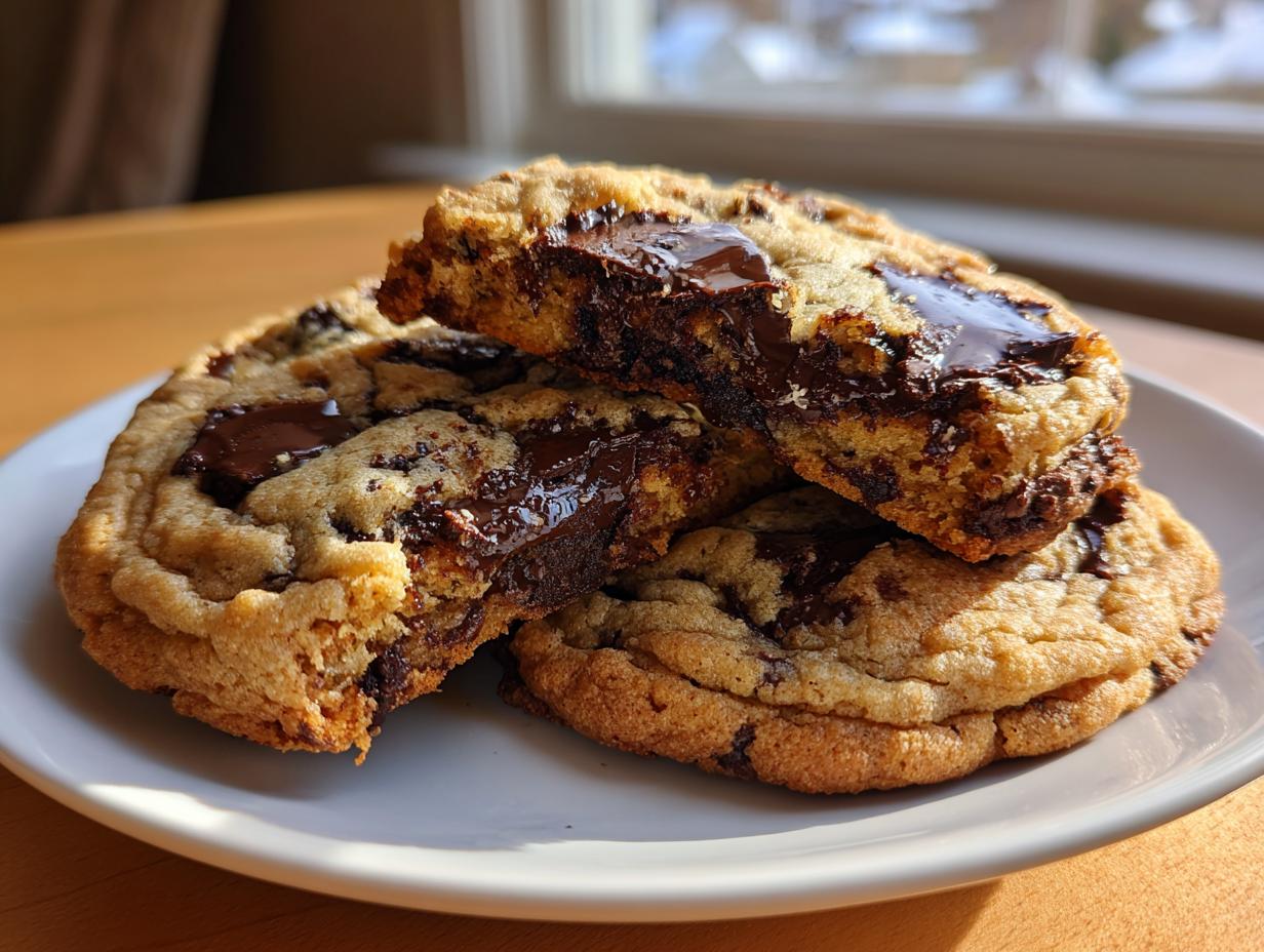 Close-up of gooey brown butter chocolate chip cookies stacked on a white plate, showing melted chocolate centers.