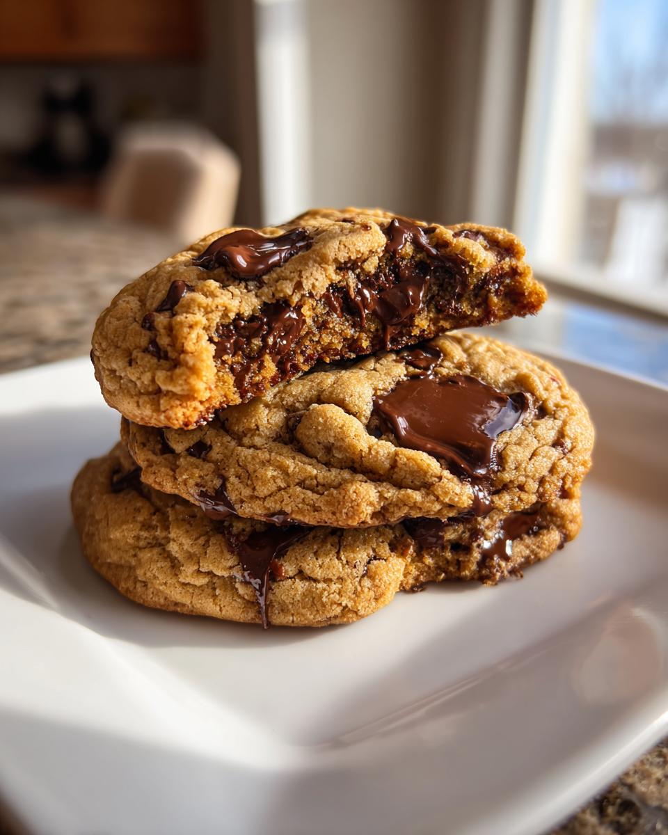 A stack of three chewy brown butter chocolate chip cookies with gooey, melted chocolate centers.