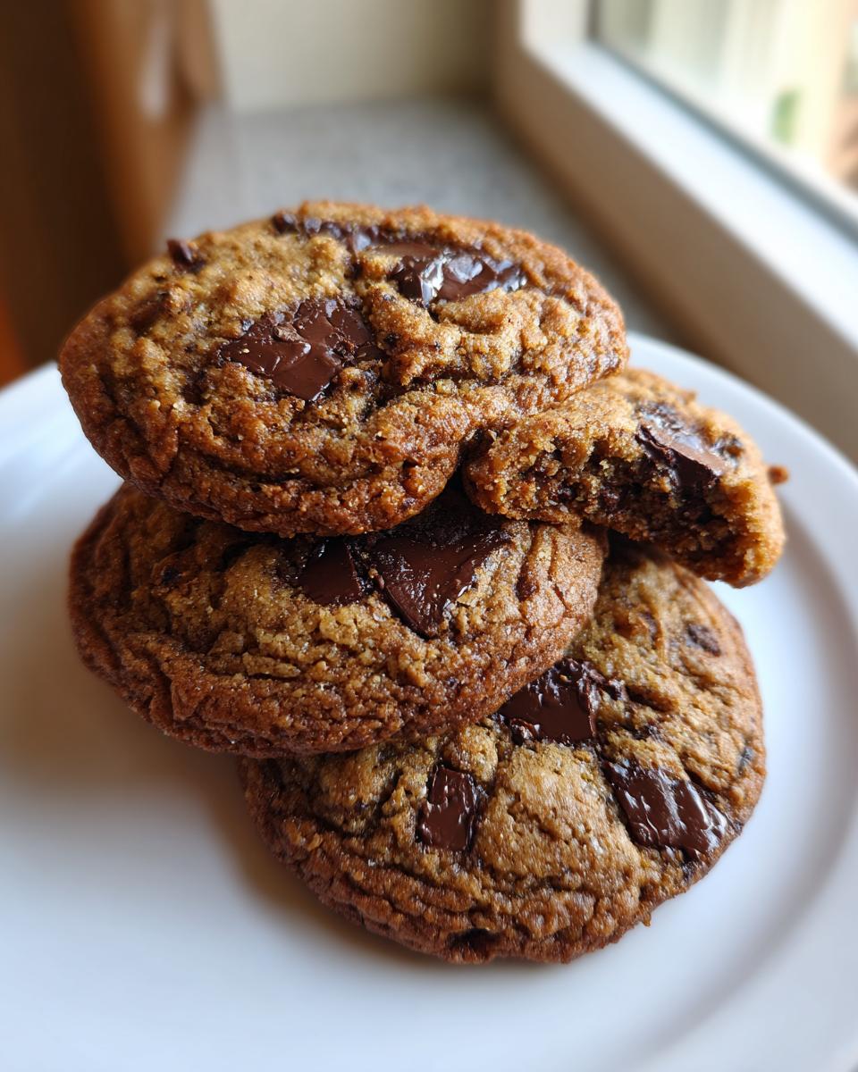 A stack of three gooey brown butter chocolate chip cookies, one broken open to show the soft center.