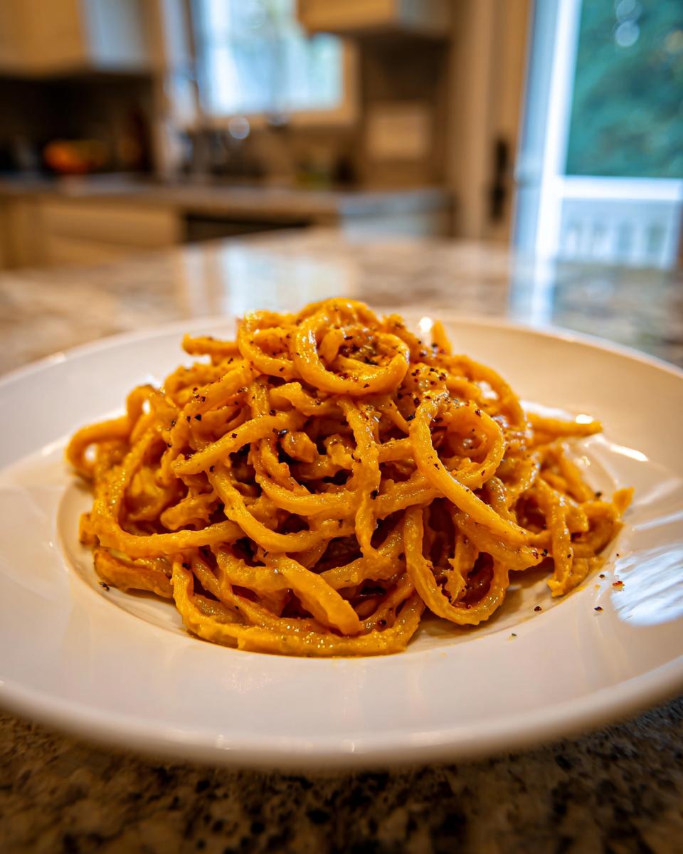 A close-up of spiralized noodles generously coated in vibrant orange butternut squash pasta sauce and topped with black pepper.