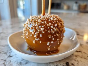 A glossy, homemade caramel apple covered in chopped nuts, resting on a small white dish.