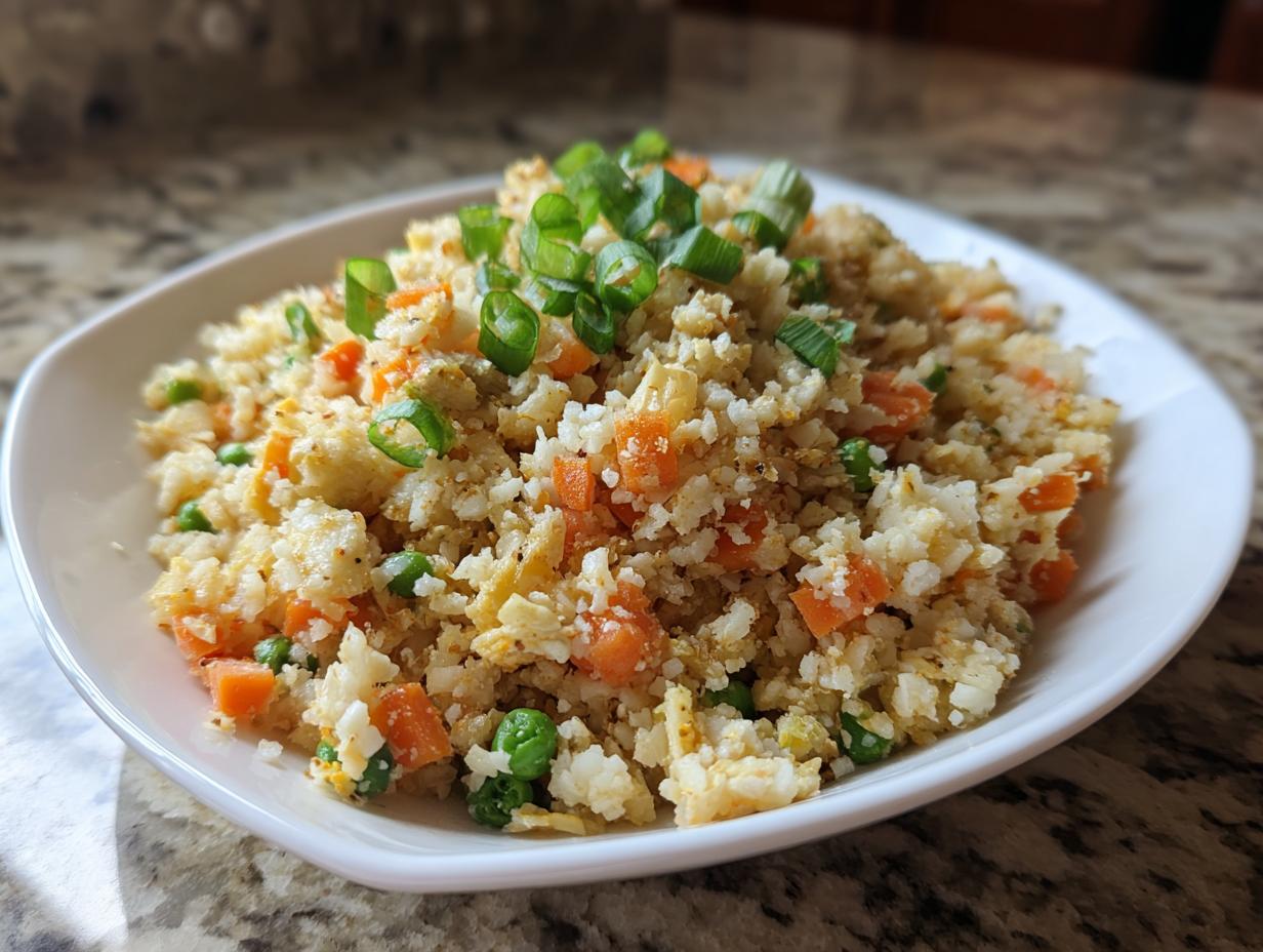 A white bowl filled with vibrant cauliflower rice mixed with carrots, peas, and topped with sliced green onions.