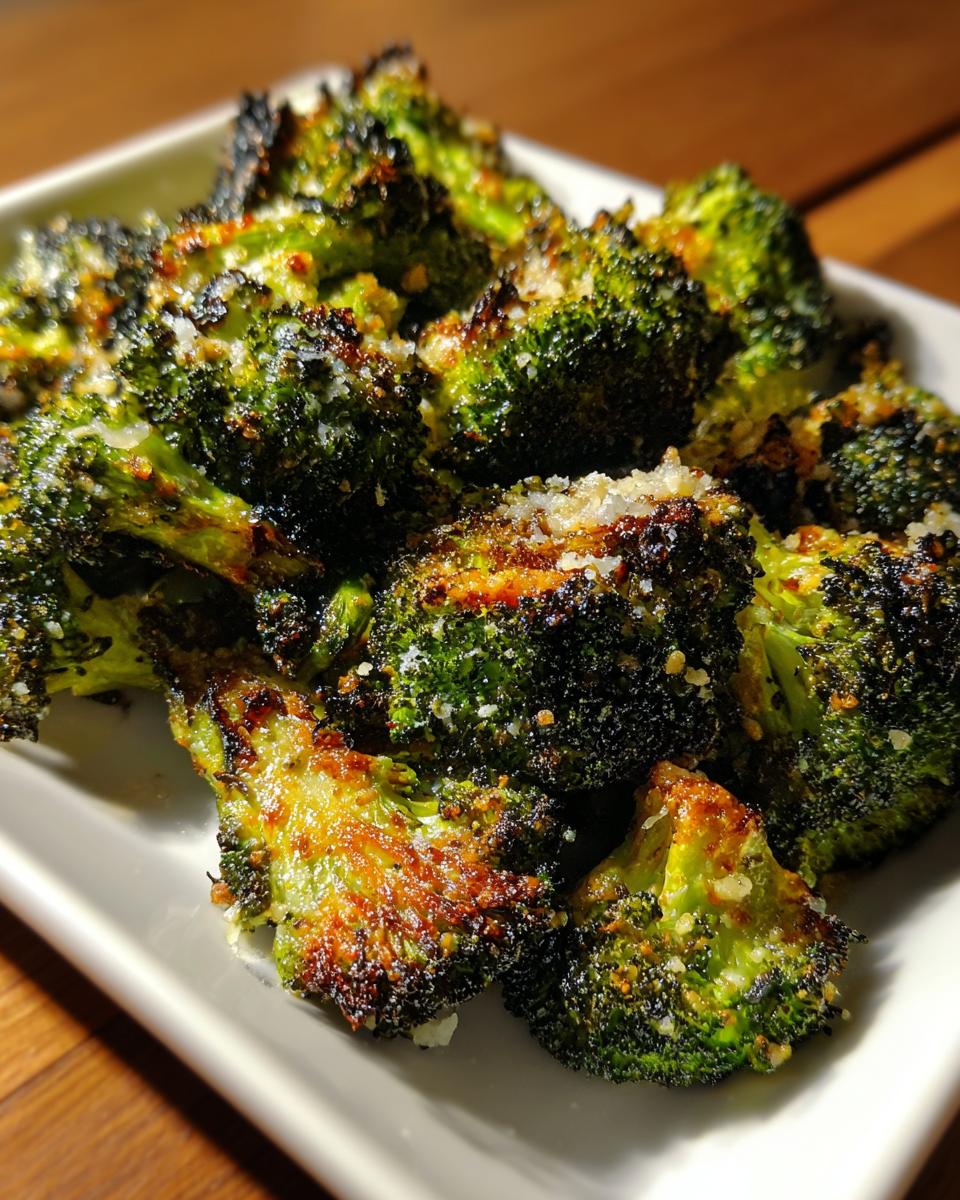 Close-up of crispy, charred roasted broccoli florets topped with grated Parmesan cheese.