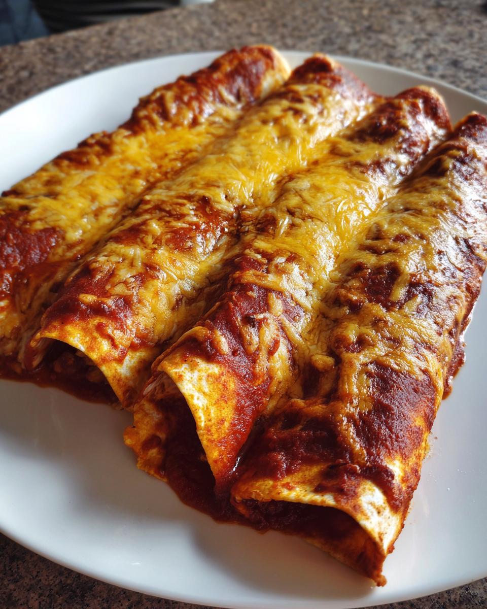 Close-up of three baked cheese enchiladas covered in rich red sauce and melted cheddar cheese.