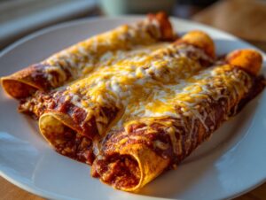 Close-up of three rolled cheese enchiladas smothered in red sauce and topped with melted shredded cheese.