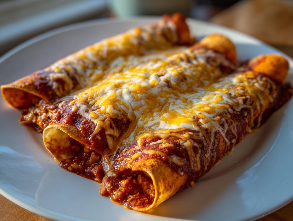 Close-up of three rolled cheese enchiladas smothered in red sauce and topped with melted shredded cheese.