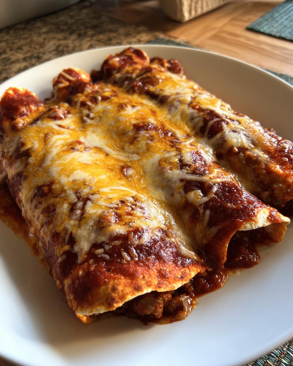 Close-up of three baked cheese enchiladas covered in rich red sauce and melted shredded cheese.