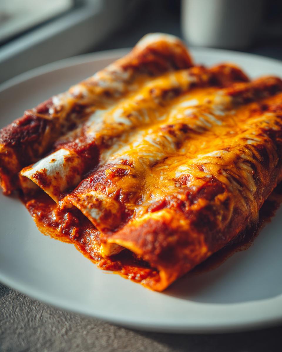 Three baked cheese enchiladas covered in rich red sauce and melted, bubbly orange cheese.
