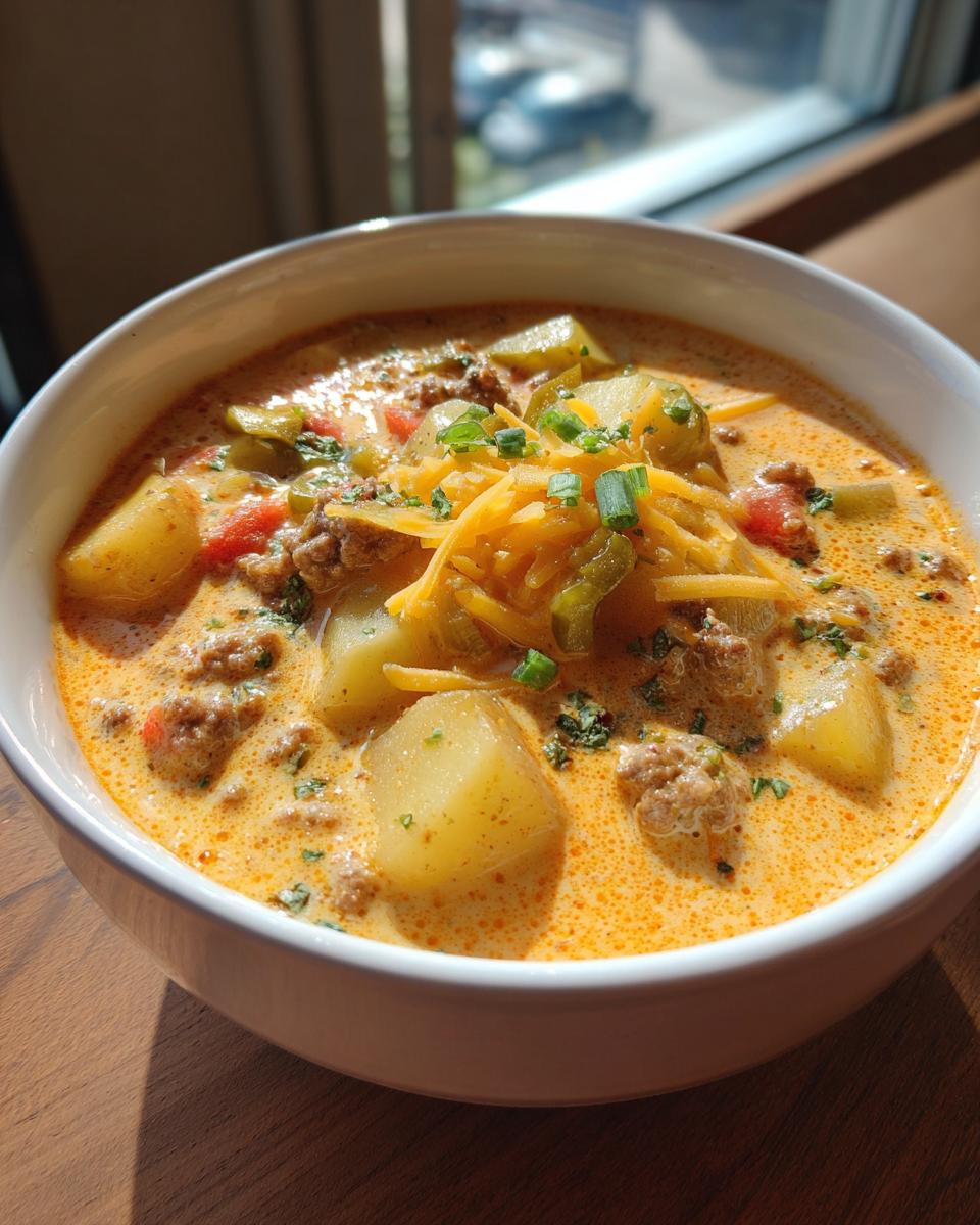 A close-up of a white bowl filled with creamy cheeseburger soup, featuring chunks of potato, ground beef, and topped with shredded cheddar and green onions.