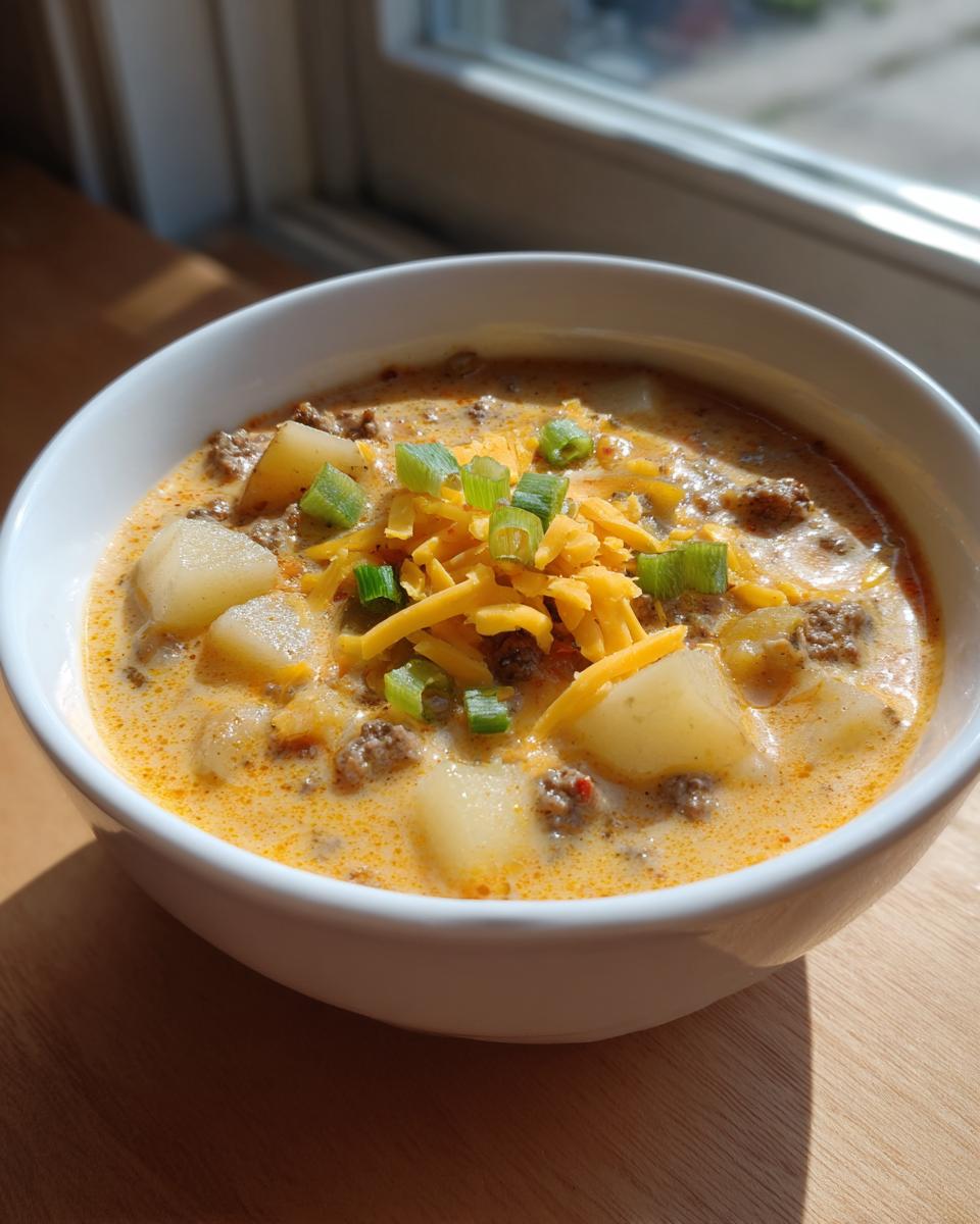 A close-up of a white bowl filled with creamy cheeseburger soup, featuring chunks of potato, ground beef, shredded cheddar, and green onions.