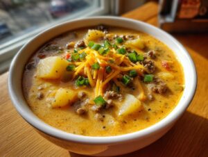 A close-up of a steaming bowl of rich, creamy cheeseburger soup, topped with shredded cheddar and green onions.