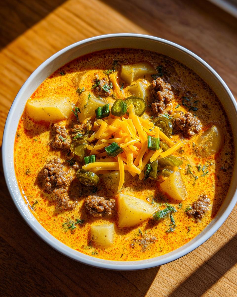 A close-up of a bowl of creamy, orange-hued cheeseburger soup filled with ground beef and potatoes, topped with shredded cheese, jalapeños, and green onions.