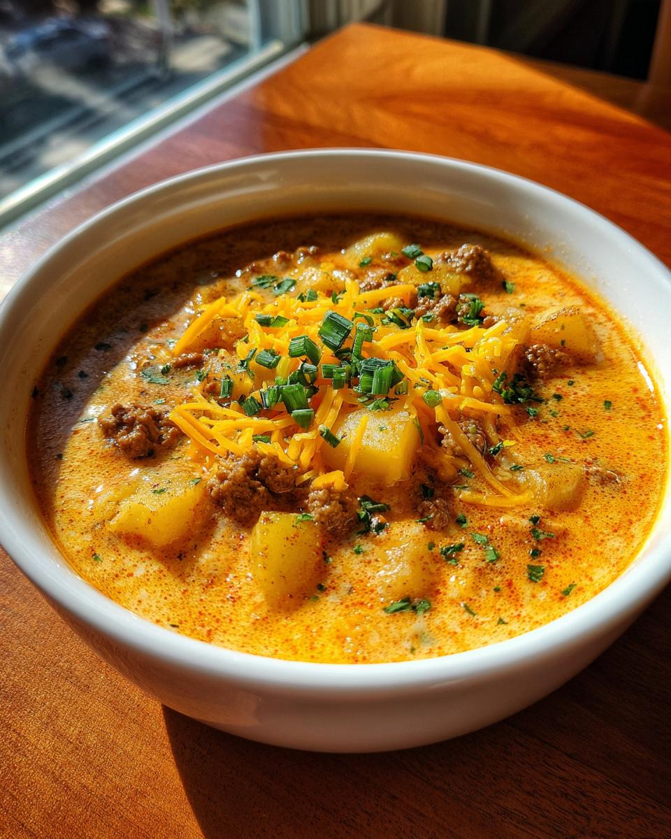 A close-up of a hearty bowl of cheeseburger soup, topped with shredded cheddar and fresh chives.
