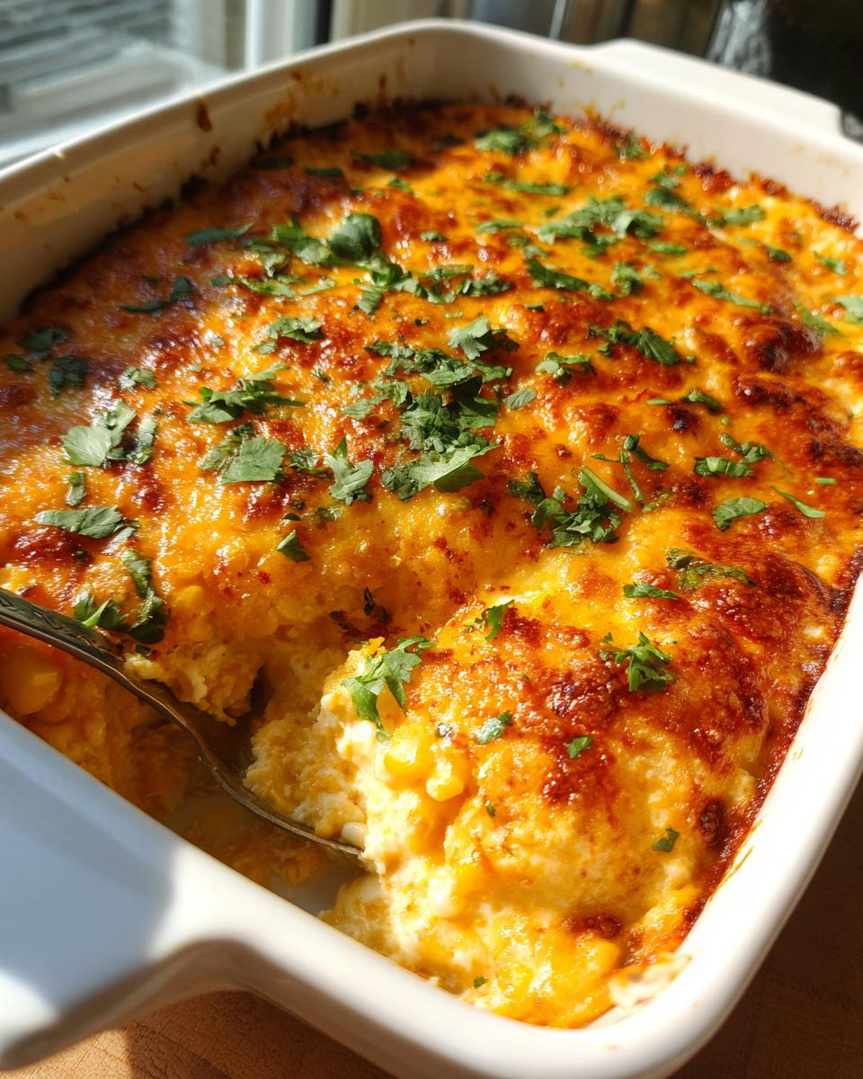 A close-up of a baked street corn dip in a white dish, showing a gooey, cheesy top layer and a spoonful being lifted out.