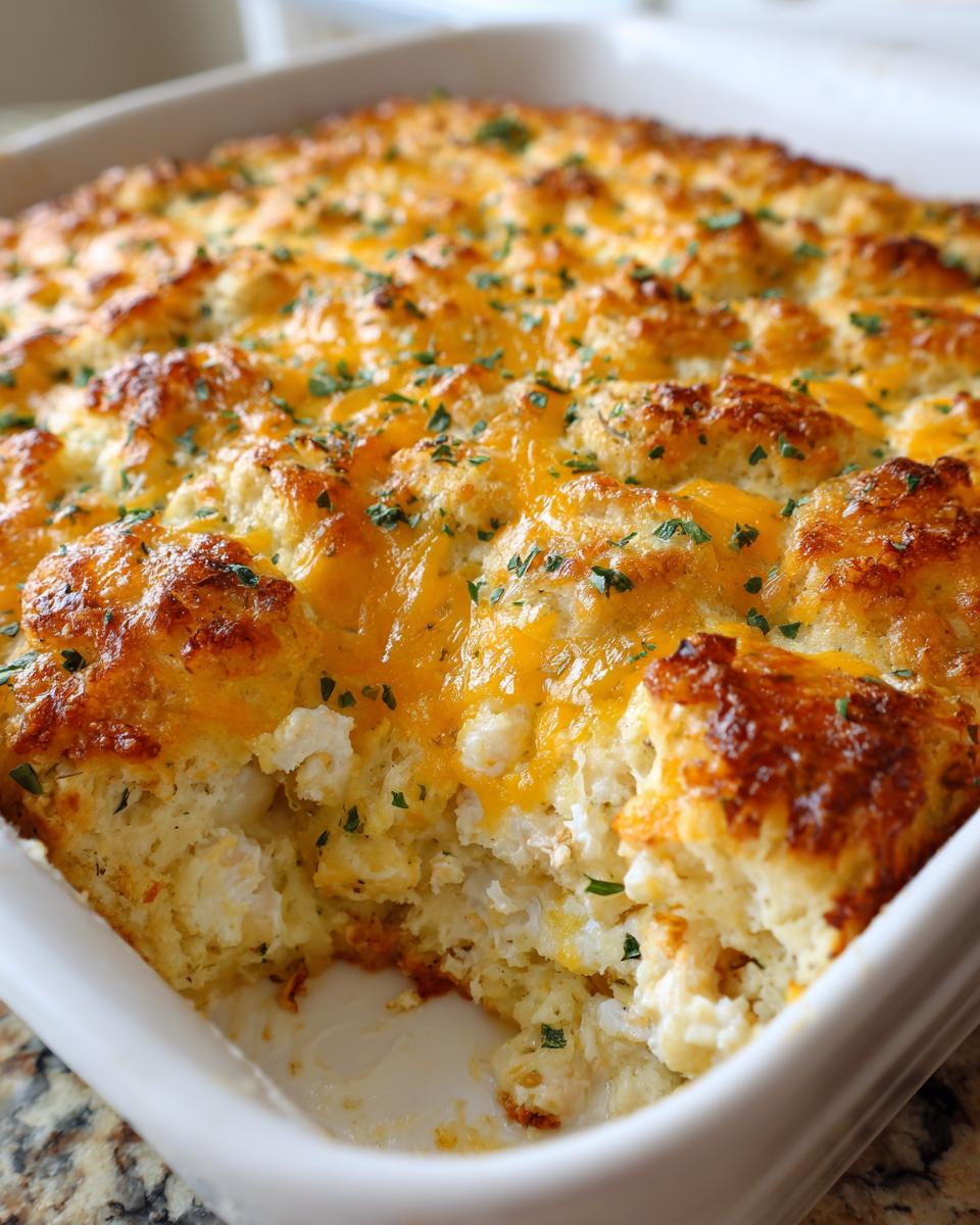 A close-up of freshly baked chicken cobbler with a golden, cheesy topping and visible chunks of chicken filling.