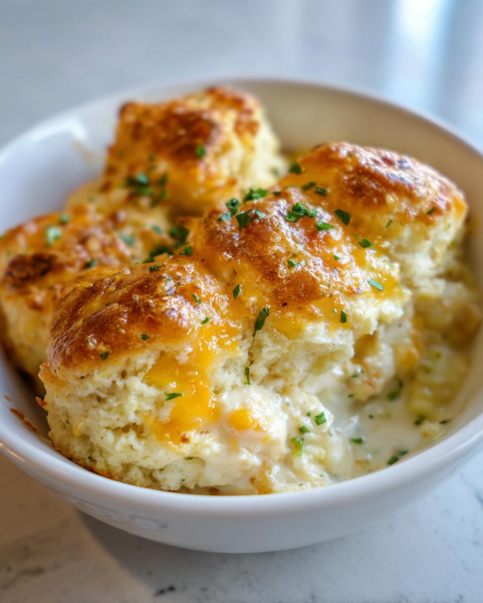 A close-up of cheesy biscuit topping over creamy chicken cobbler filling in a white bowl.