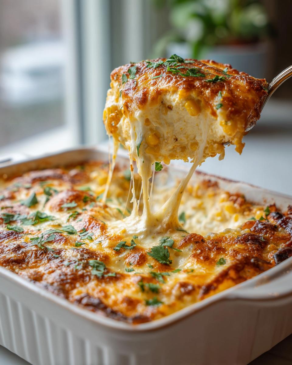 A spoonful of hot, cheesy street corn dip is lifted from a baking dish, showing long, dramatic cheese pulls.