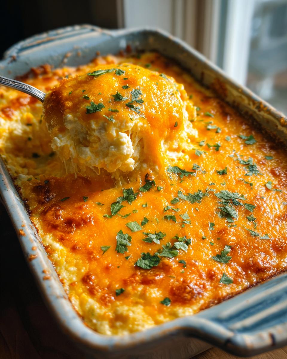 A spoonful of hot, cheesy street corn dip being lifted from a blue baking dish, topped with melted orange cheese and parsley.