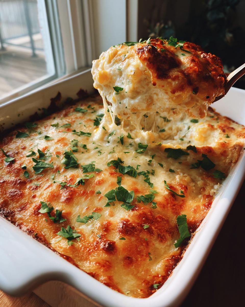 A spoonful of hot, cheesy street corn dip being lifted from a white baking dish, showing a satisfying cheese pull.