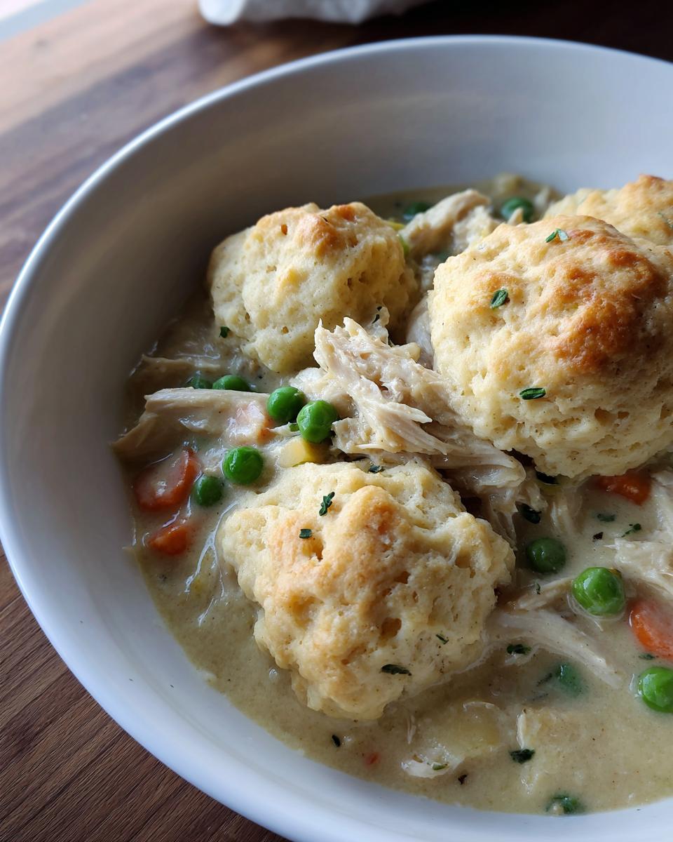 Close-up of creamy chicken and dumplings with biscuits, featuring shredded chicken, peas, and carrots.