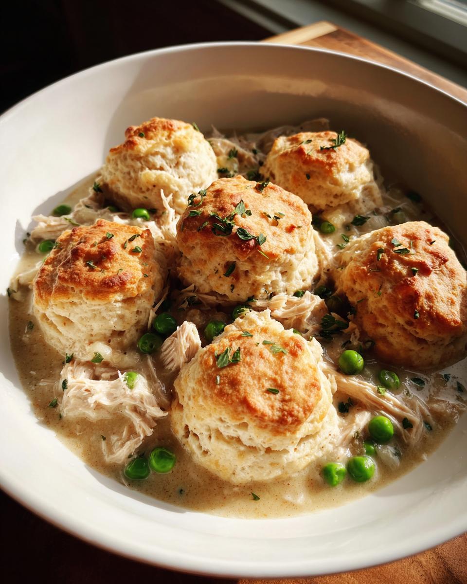 A close-up of rich chicken and dumplings with biscuits, featuring shredded chicken, peas, and creamy gravy.