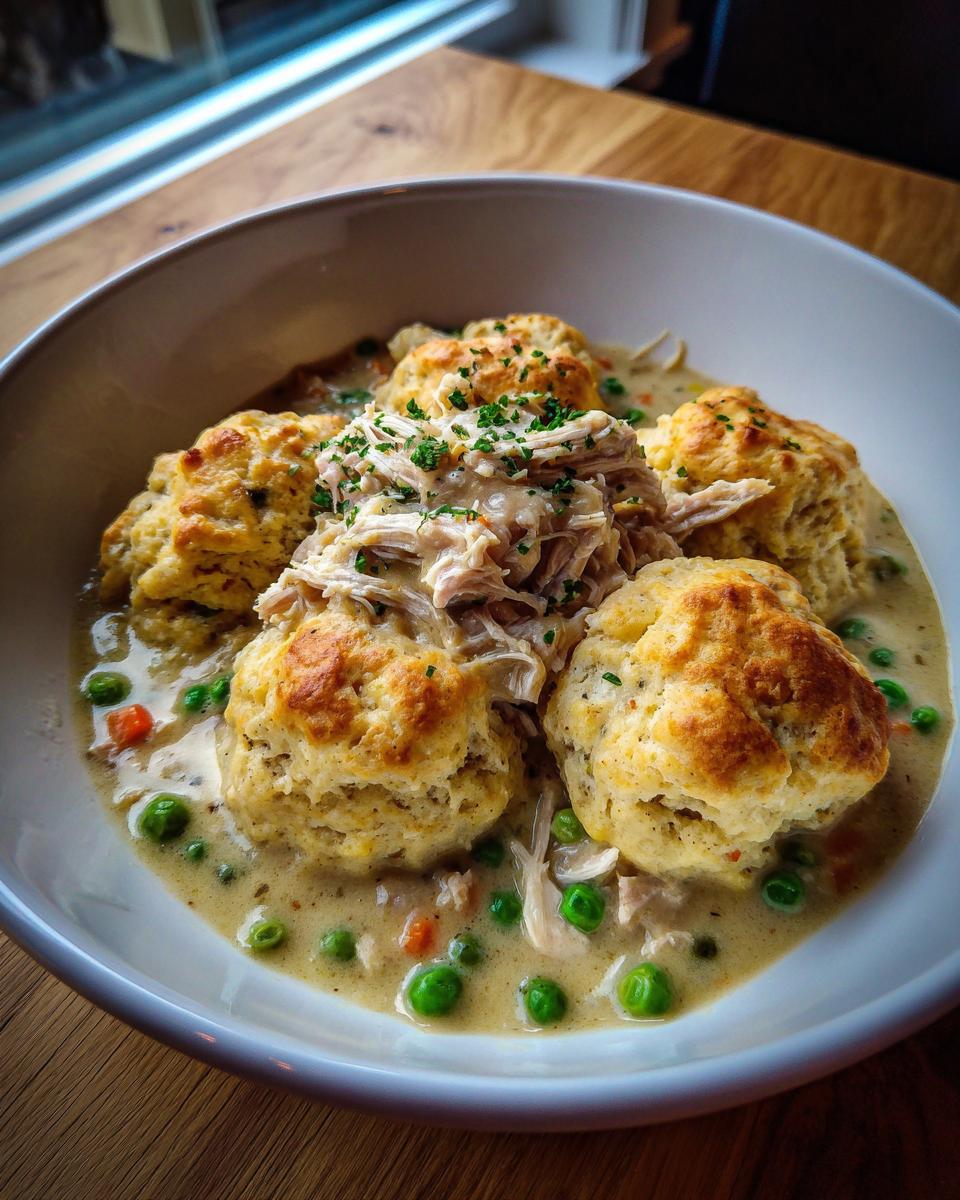 A close-up of a bowl filled with creamy chicken and dumplings with biscuits, topped with shredded chicken and parsley.