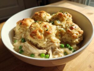 A bowl of creamy chicken and dumplings with biscuits, featuring shredded chicken and bright green peas.